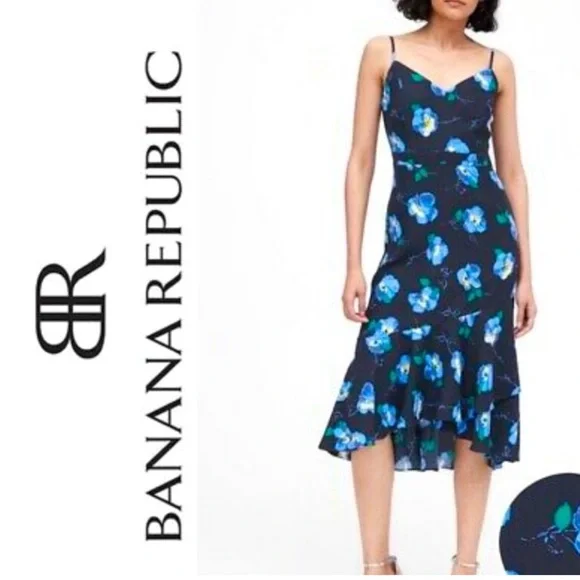 Banana Republic Navy Blue Pansies Floral Midi Dress - Picture 1 of 9